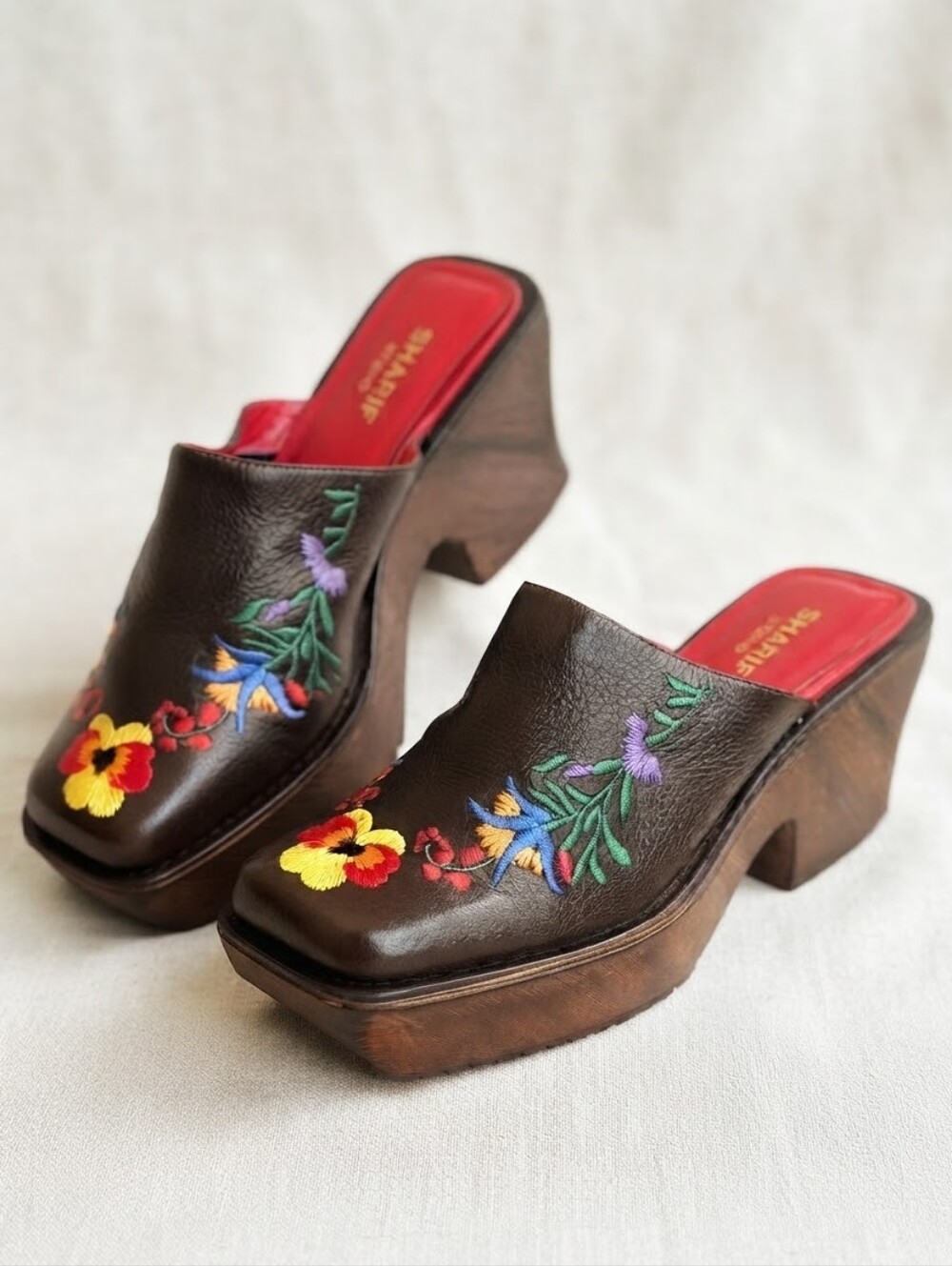 Sharif Studio Brazil Leather Embroidered Platform Clogs Brown Size 8.5
